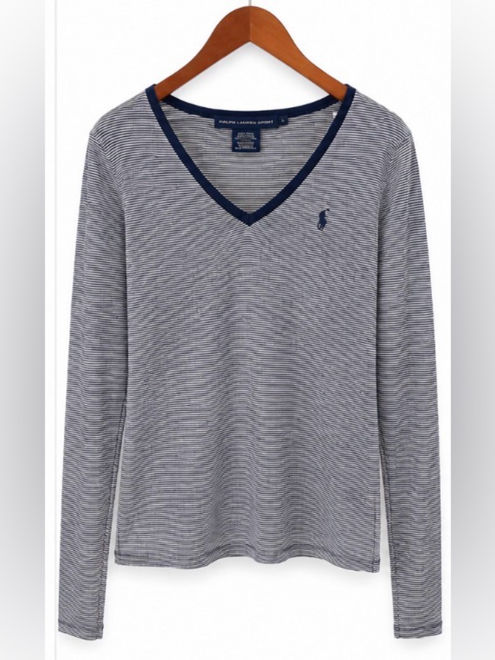 Ralph Lauren Sport Navy White Striped Long Sleeve V-Neck Tee Size Large